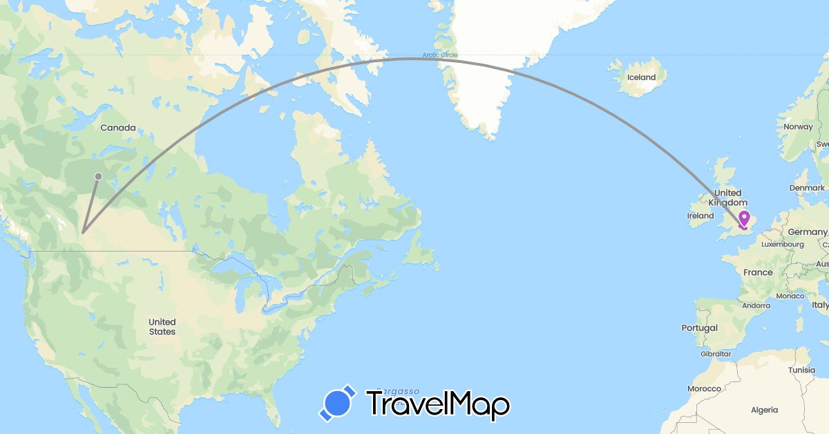 TravelMap itinerary: driving, plane, train in Canada, United Kingdom (Europe, North America)